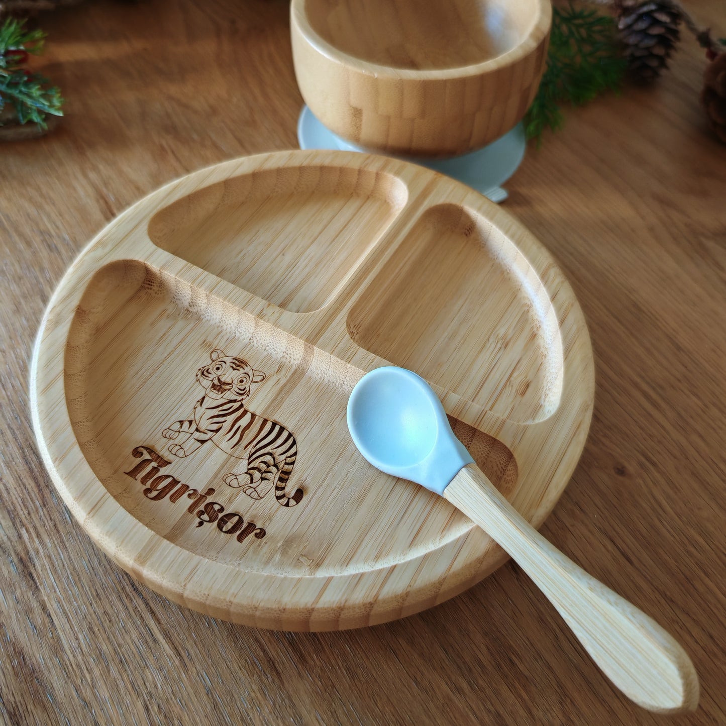 Tigrișor- Combo-Set antiderapant rotund din bambus - Platera Romania