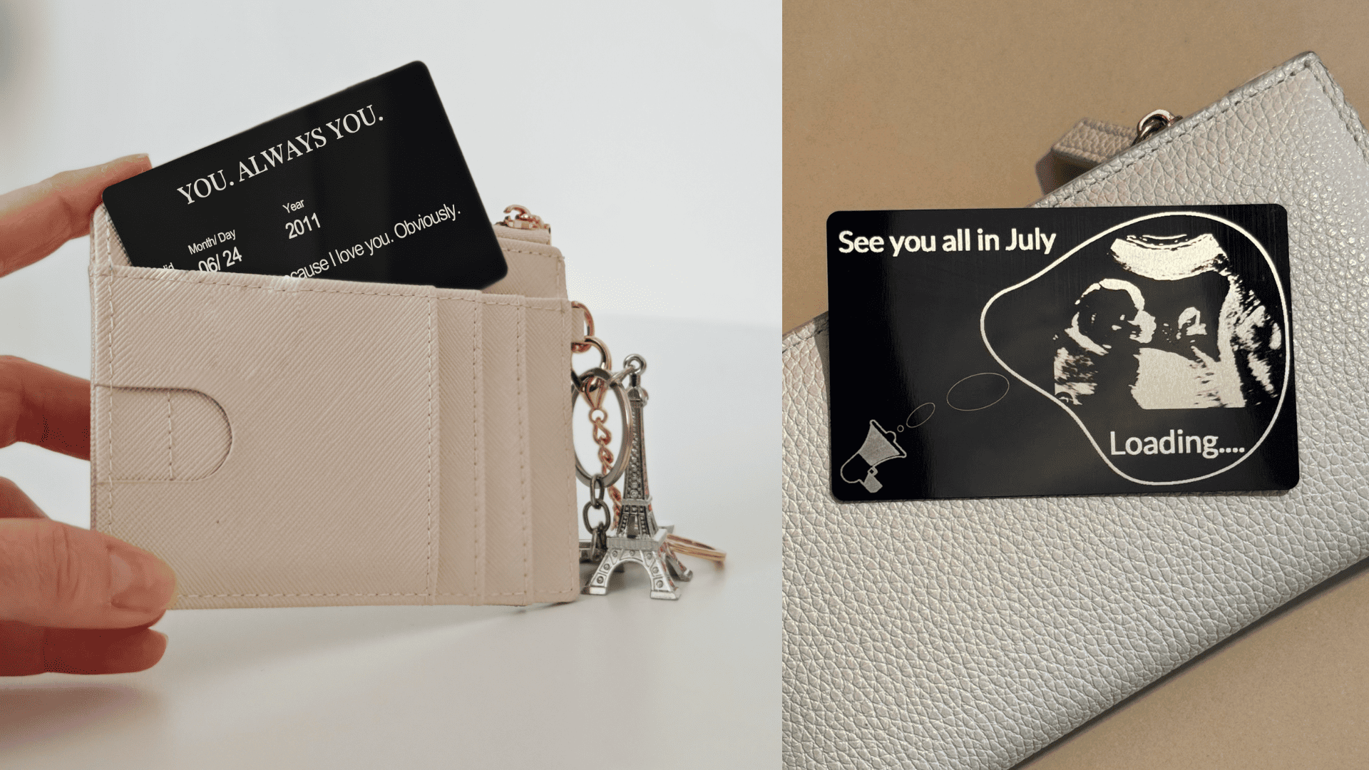 Card din aluminiu gravat cu mesaj baby announcement, păstrabil în portofel – idee emoționantă de anunț sarcină