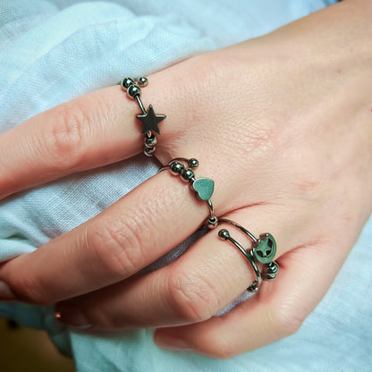 Set of 3 anti-anxiety rings – silver stainless steel with heart, star, moon