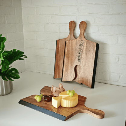 close-up of engraved acacia platter with natural wood grain