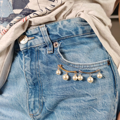 Set Pin Fashion Auriu și Argintiu cu Perle Albe Design Asimetric Modern - Platera Romania