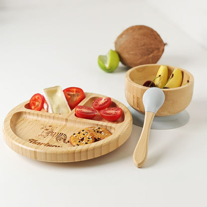 farfurie bambus copil cu ventuză anti-alunecare 3 piese