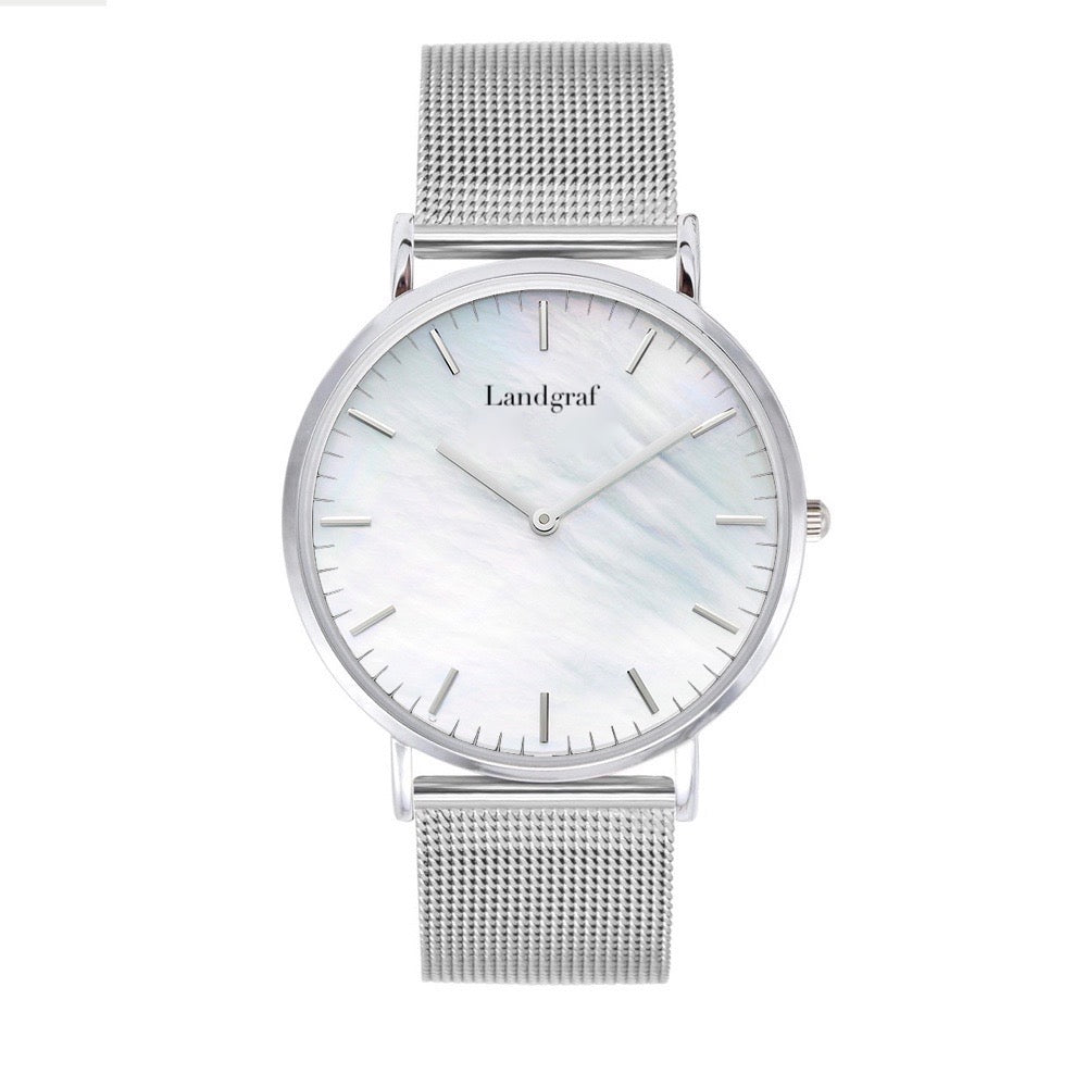 Elegant watch with mesh strap and natural mother-of-pearl dial