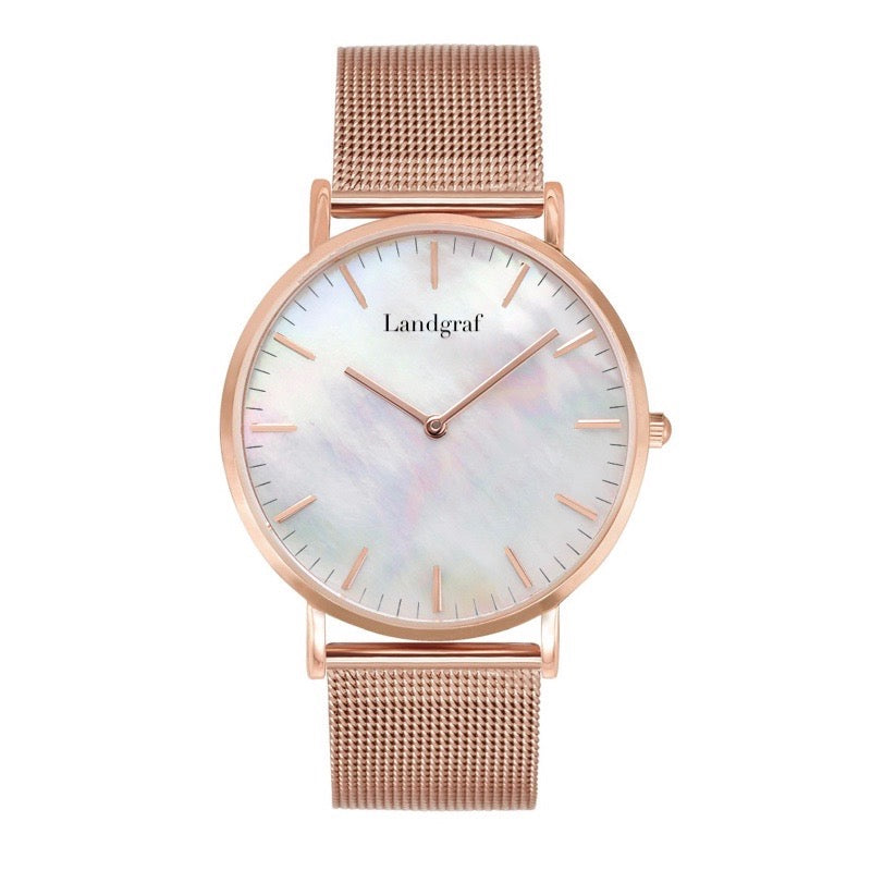 Elegant watch with mesh strap and natural mother-of-pearl dial
