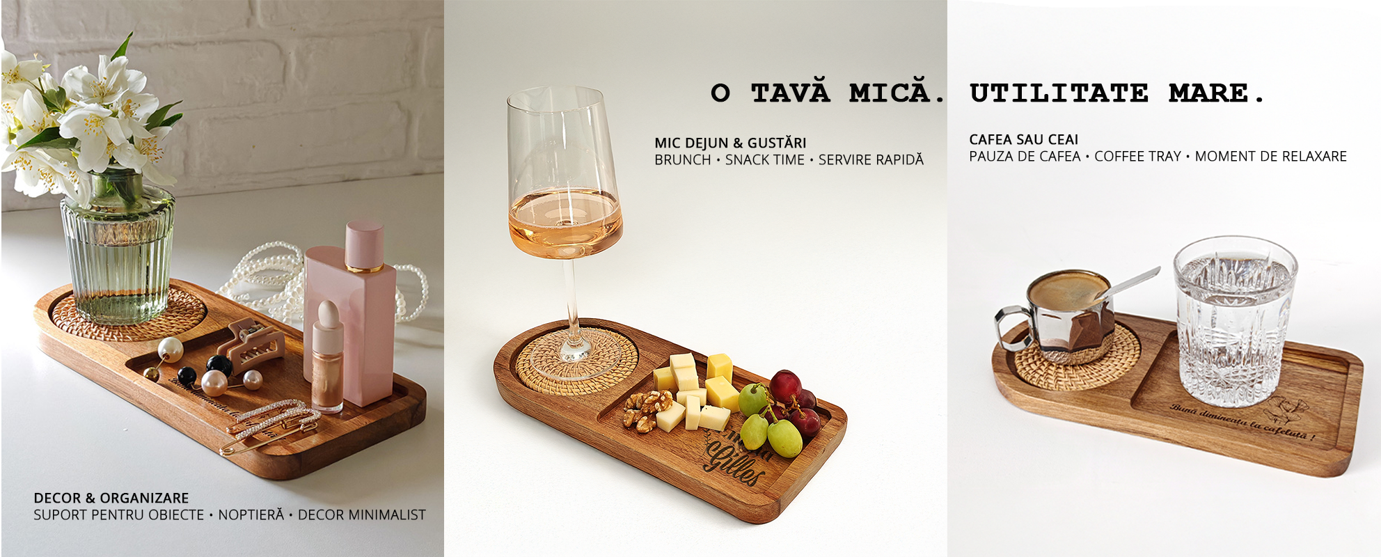 Pentru cafea, gustări sau momente de răsfăț.
Design natural din lemn care se potrivește în orice casă.